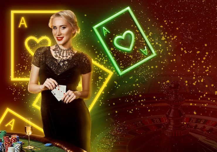 Studio live dealer baccarat tanpa komisi dengan kartu dan chip permainan di meja hijau